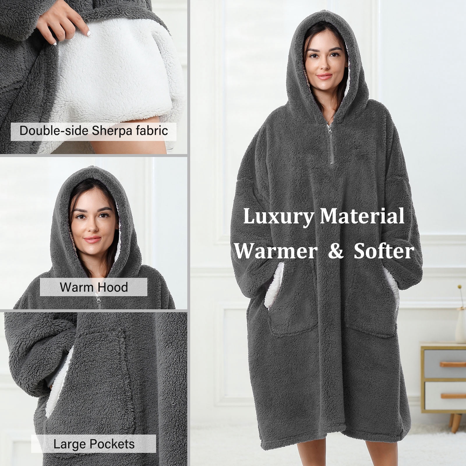 LONGHUSHAN Wearable Blanket Oversized Blanket Hoodie for Women Men , Soft Comfy Warm Sherpa Fleece Sweatshirt with Zipper and Deep Pockets, Winter Gifts Girlfriend Mom - Gray