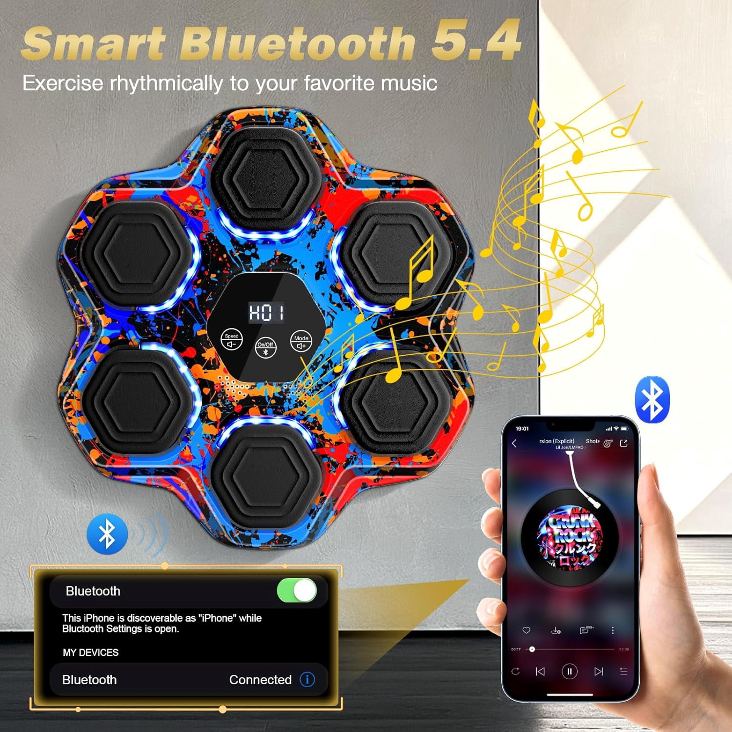 Music Boxing Machine - Interactive Punching Trainer with Boxing Gloves, Large Wall-Mounted Electronic Punching Bag for Adults and Kids, Featuring 9 Modes & 9 Speeds, Bluetooth Connectivity