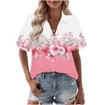 thumbnail image 2 of WHLBF Womens Tops Short Sleeve Summer Printing Flax Plaid Flared Hem Button-Up Shirt Pink L, 2 of 6