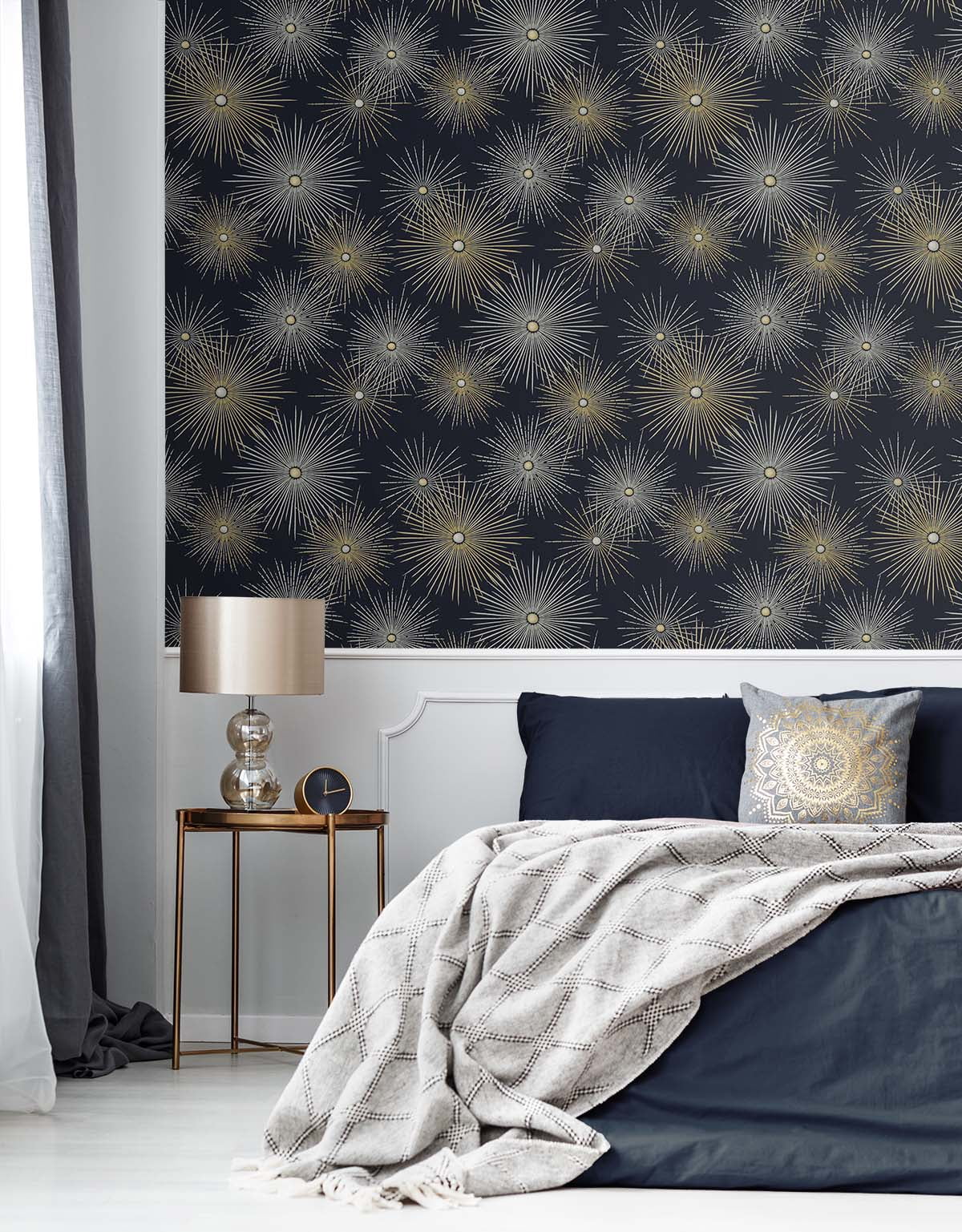 NextWall Midnight & Gold Starburst Geo Peel and Stick Wallpaper