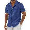 thumbnail image 2 of LTTVQM Button Down Shirts for Men Casual Short Sleeve Shirt Textured Linen Summer Beach Tops with Pocket Dark Blue M, 2 of 7