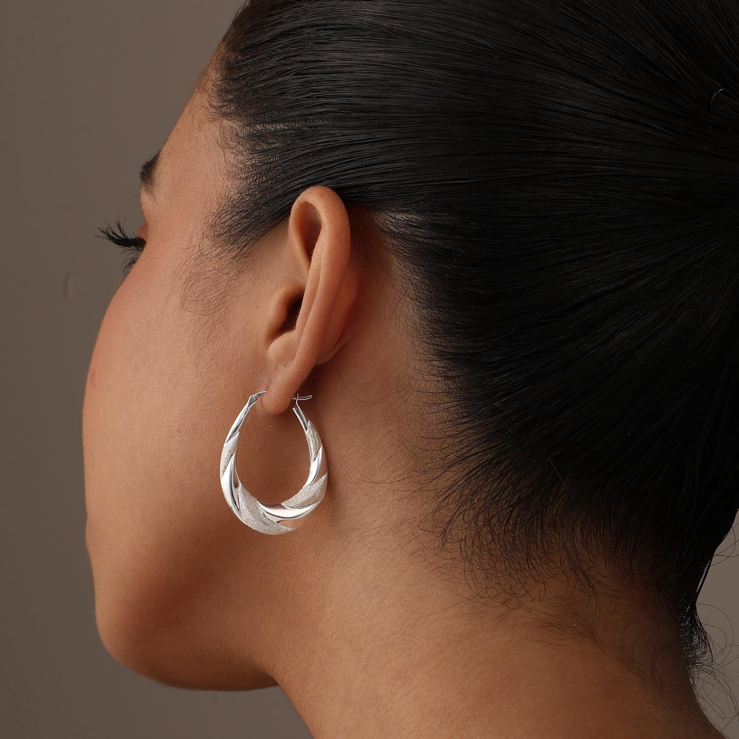 LeCalla 925 Sterling Silver Hypoallergenic Shrimp Classic Diamond-Cut Click Top Oval Hoop Earrings for Women and Teen 38MM