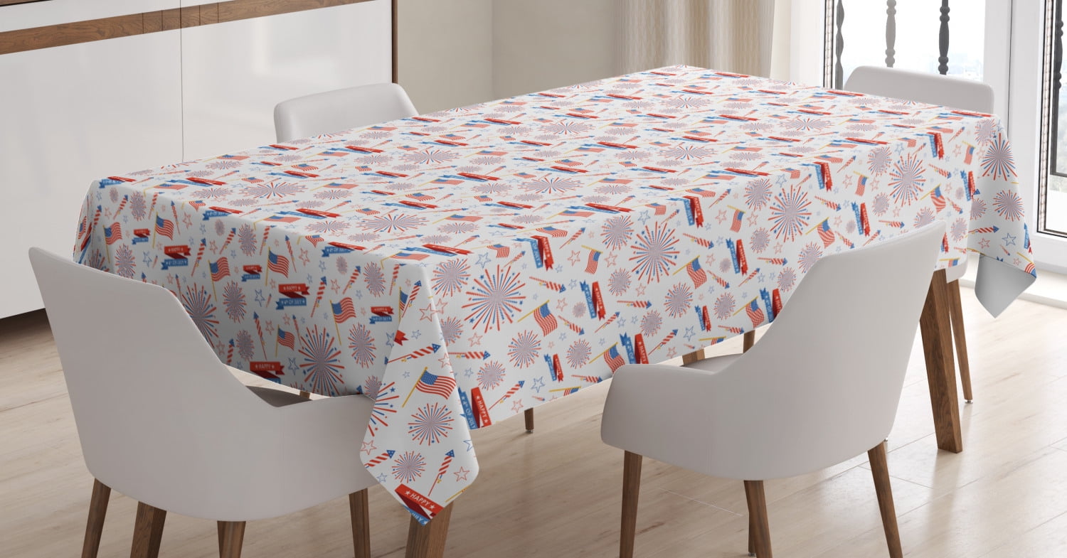 Patriotic Fireworks PEVA Vinyl Tablecloth Red White and Blue Flannel Backed Americana Rectangle Patriotic Blue & White Stars, 52 x 70