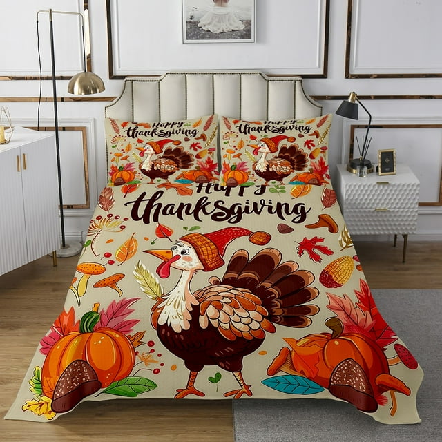 YST Ensemble de Courtepointe Joyeux Action de Grâce Ensemble de Courtepointe Dinde Mignonne Ensemble de Couvre-Lit Citrouille de Récolte d'Automne Feuilles d'Érable d'Automne Style Rustique de Ferme Ensemble de Lit Format Grand Lit