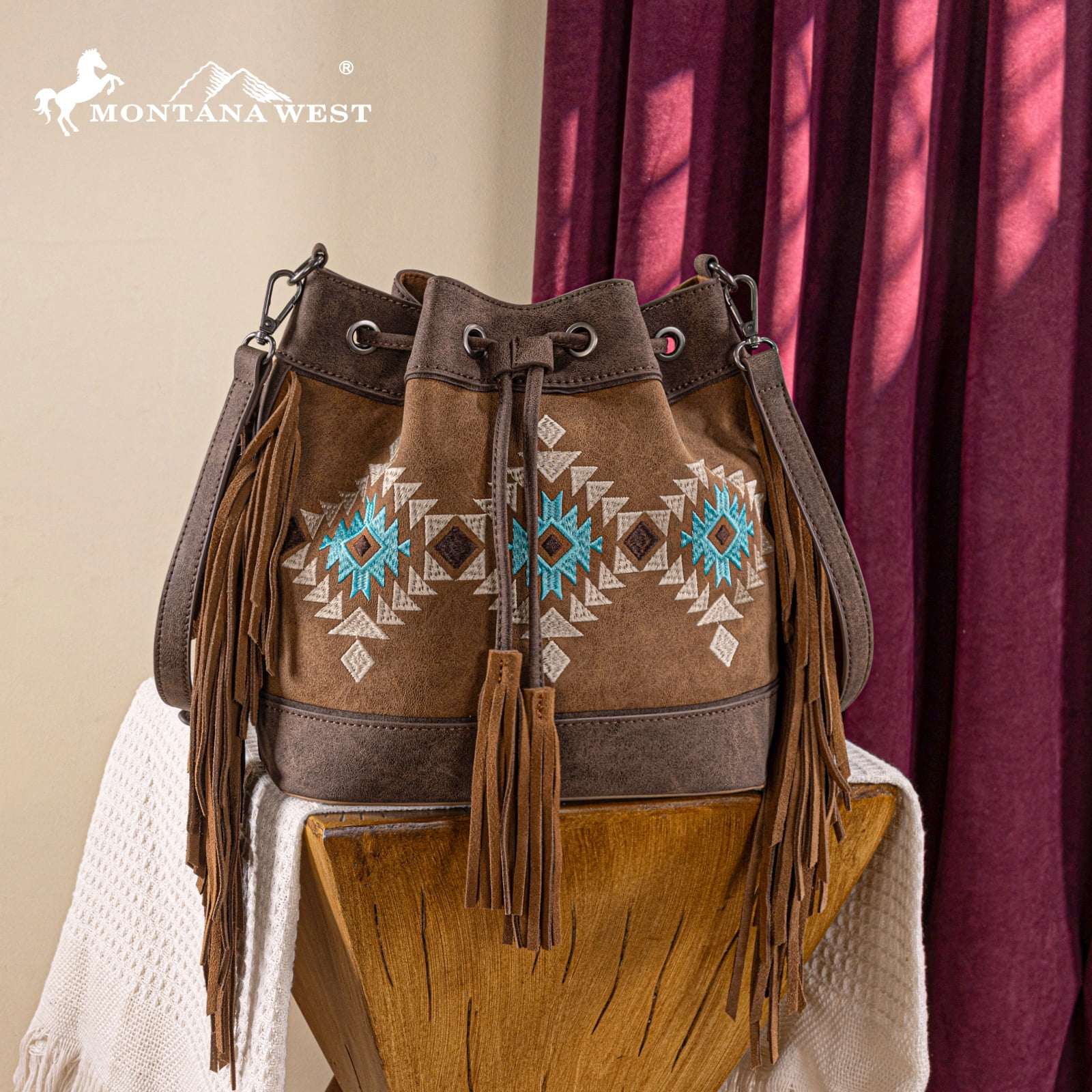 Montana West Aztec Bucket Bags for Women Western Fringe Crossbody Bag Vintage Drawstring, Coffee