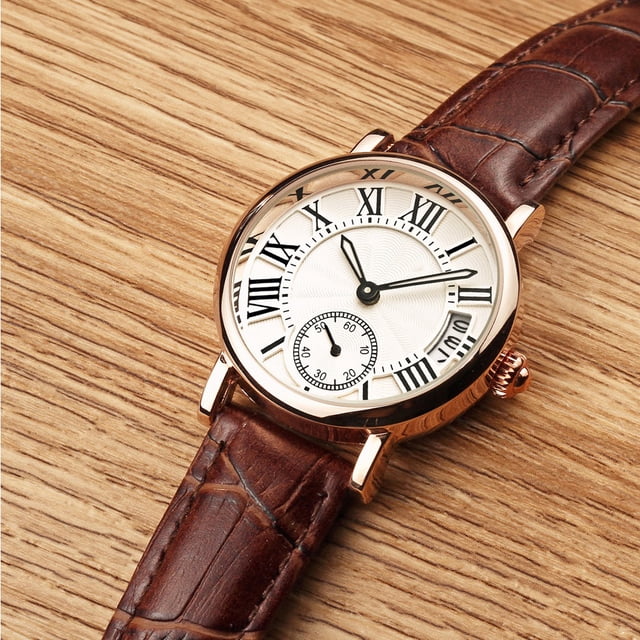 Lady Analog Round Quartz Leather Strap Date Mira La Correa De La Pulsera Clásica De La Pulsera