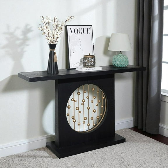 GZXS 56 Inch Black Console Table with Gold Circular Accent, Engineered Wood Narrow Sofa Table for Entryway, Hallway, and Living Room Decor