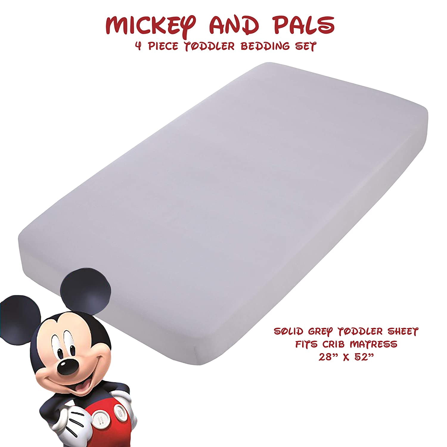 Disney Mickey Mouse 4 Piece Bedding Sets, Toddler Bed with Comforter, Fitted Sheet, Flat Top Sheet, Pillowcase