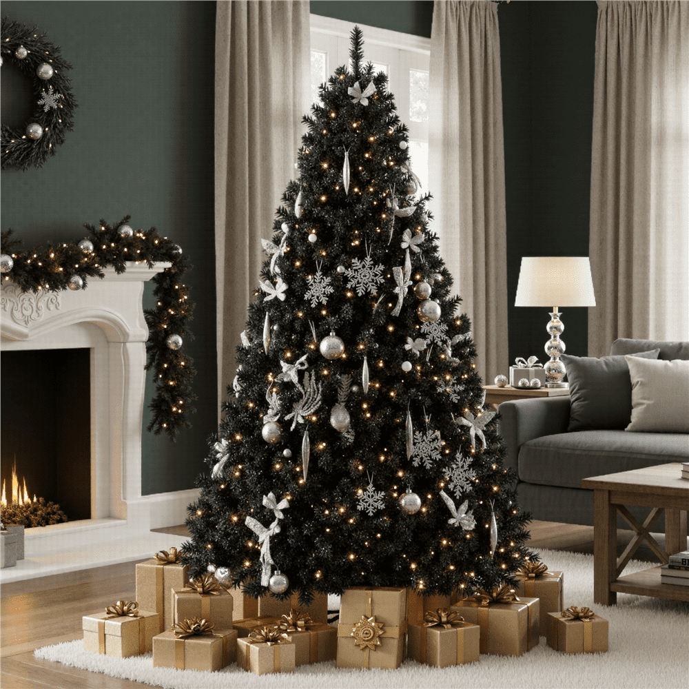 Alden Design Clear Prelit Incandescent Black Hinged Spruce Artificial Christmas Tree, 6'
