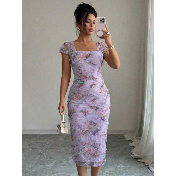 Mauve Purple Womens Elegant Ruched Floral Mesh Midi Dress With Square Neck And Short Puff Sleeves