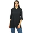 thumbnail image 3 of Phagun Women's Black Cotton Modal 3/4 Sleeve Button Down Blouse Shirt Top - 4, 3 of 8