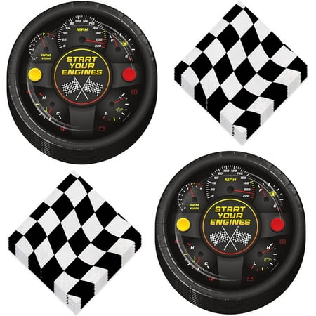 Race Car Party Supplies - Racing Themed Paper Dinner Plates Checkered Lunch Napkins (16 Plates Napkins)