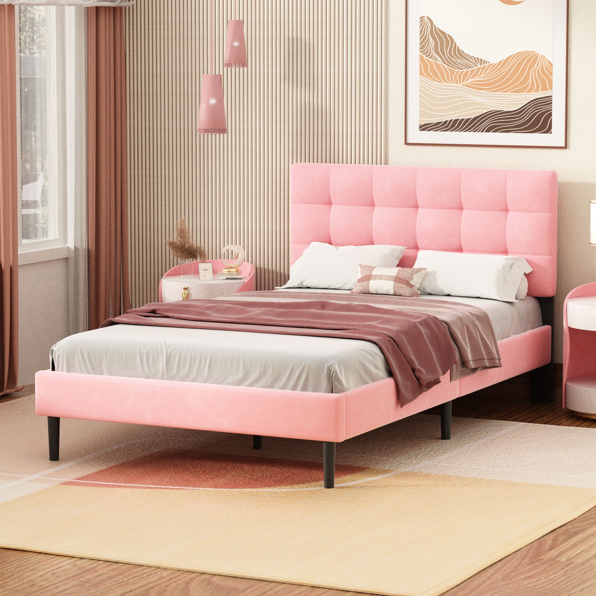 Unizone Modern Upholstered Platform Bed Frame with Headboard, Full