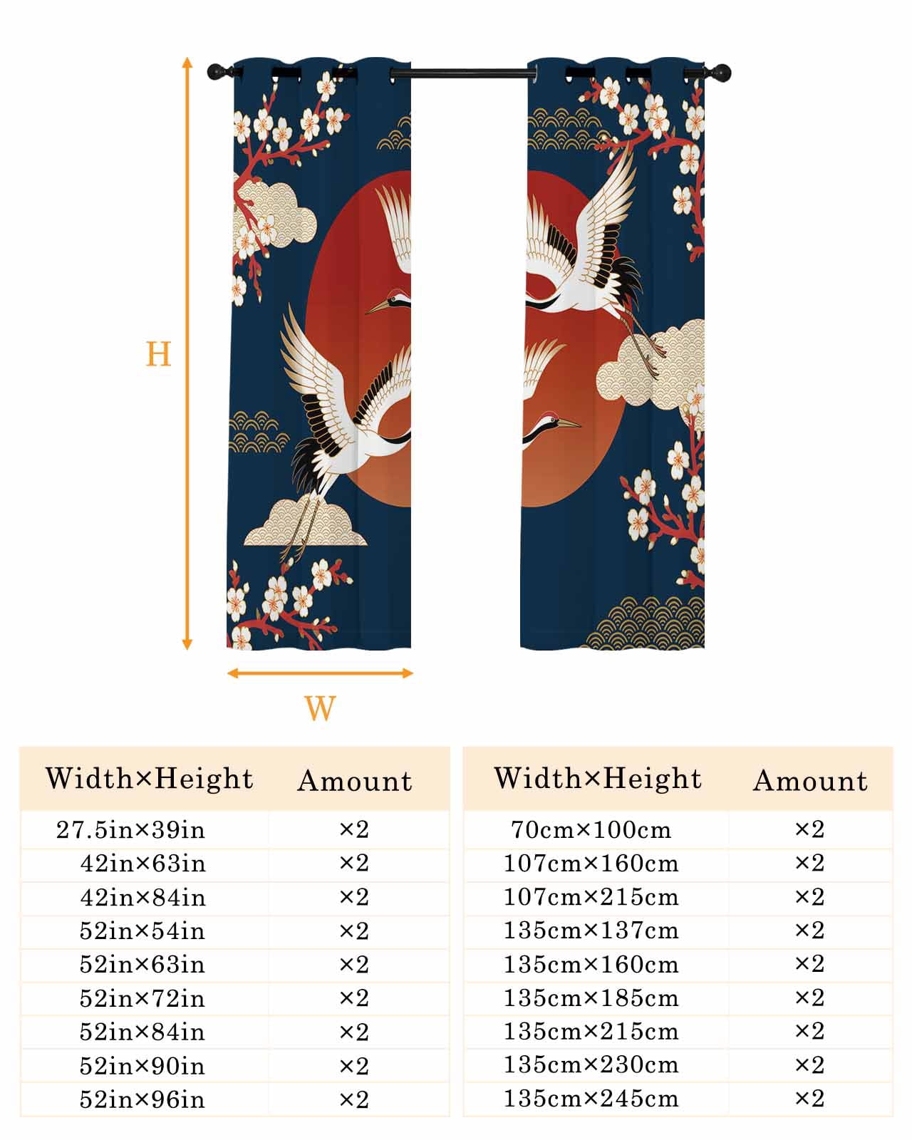 Japanese Style Blackout Curtains for Bedroom/Living Room, Thermal Insulated Kitchen Curtains, Modern Cranes Cherry Flower Wave Navy Blue Grommet Darkening Window Treatment Drapes 27.5"x39"x2
