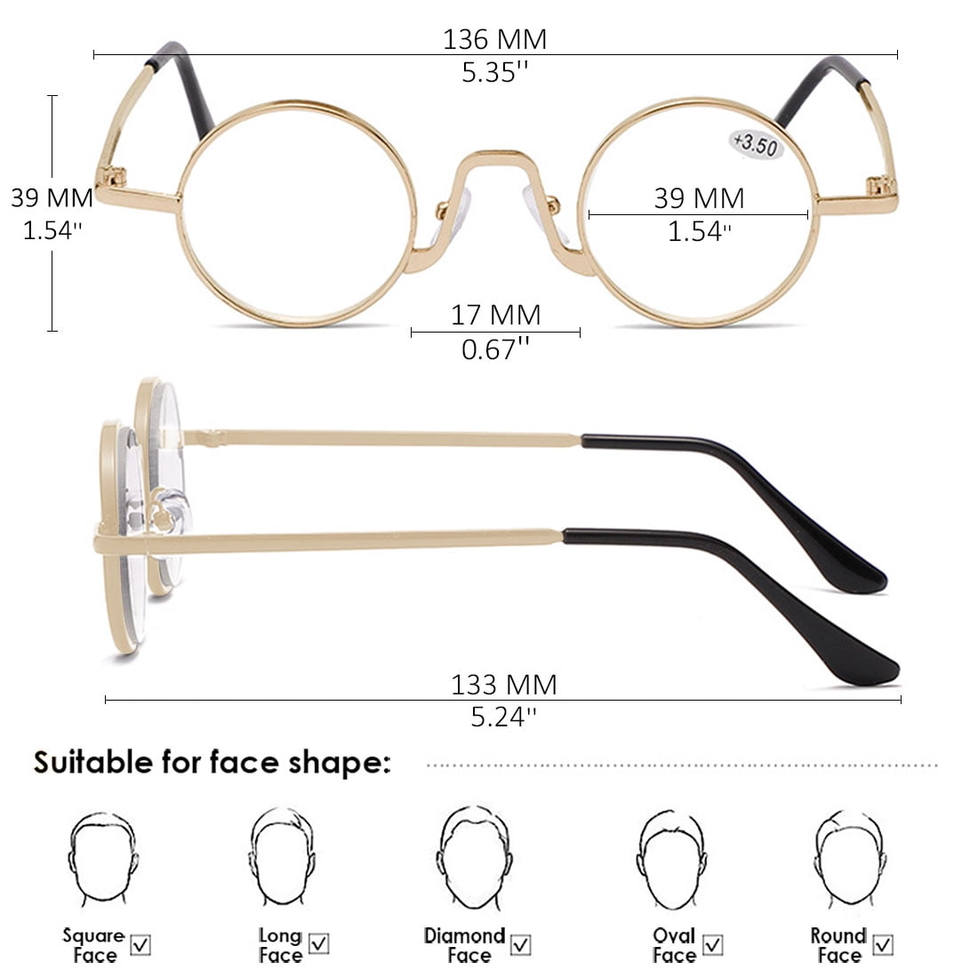 KOOSUFA Small Round Metal Reading Glasses 2.50 Blue Light Blocking Women Men Retro Eyeglasses Readers Eyewear Gold