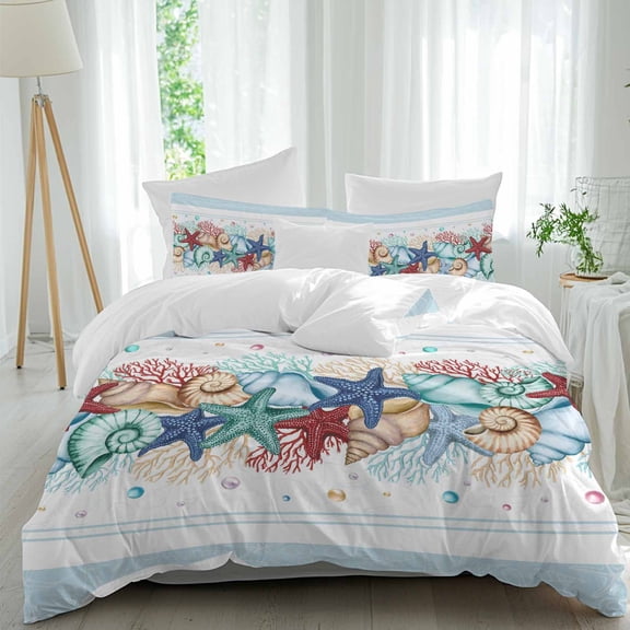 3 Piece Sky Blue Ocean Starfish Duvet Cover Set Twin Size, Microfiber Comforter/Quilt Cover with Corner Ties and 2 Pillowcases, Summer Coastal Coral Conch All Season Soft Bedding with Zipper Closure