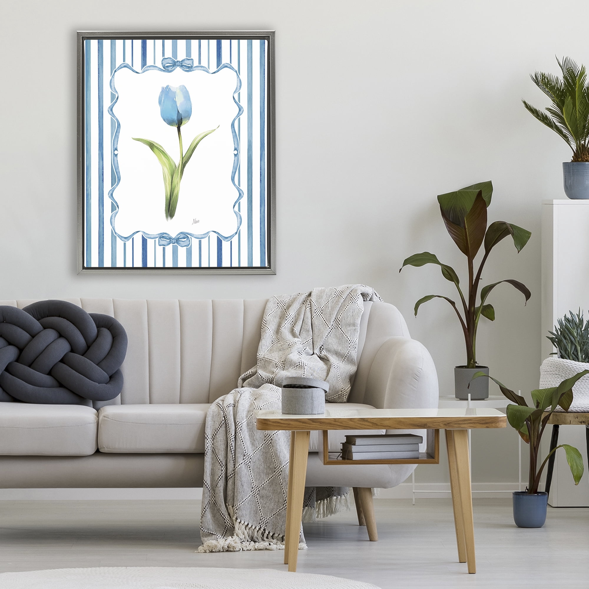 Stupell Industries Single Blue Tulip Stripes Gray Framed Floater Canvas Wall Art, design by Nan