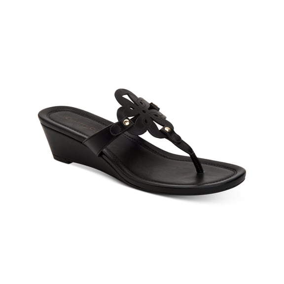 CHARTER CLUB Womens Black Cutout Medallion T-Strap Penelope Almond Toe Wedge Slip On Thong Sandals 10 M