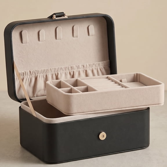 Nordic Hygge 2-Layer Portable Travel Jewelry Case, Black Luxe Organizer