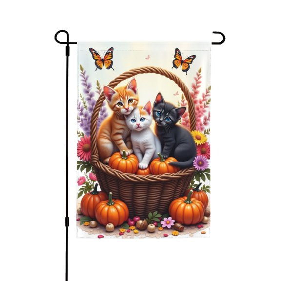 Autumn Kittens In Basket Garden Flag 12x18 Inch Double Sided Seasonal Yard Flag Fall Harvest Outdoor Decor