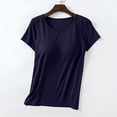 thumbnail image 2 of Feledorashia Women's Short Sleeve Tops with Built in Bra Solid Color Round Neck Casual Basic Shirt Womens Loose Fit Shirt with Built-In Cups Sports for Fitness Workout Running Yoga Tops,Navy L, 2 of 8