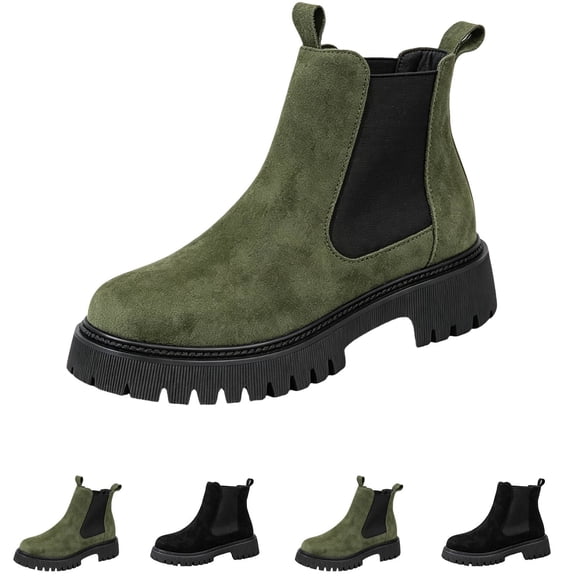 Womens Lug Sole Platform Ankle Booties Chelsea Slip on Chunky Block Heel Leather Combat Boots Green 36
