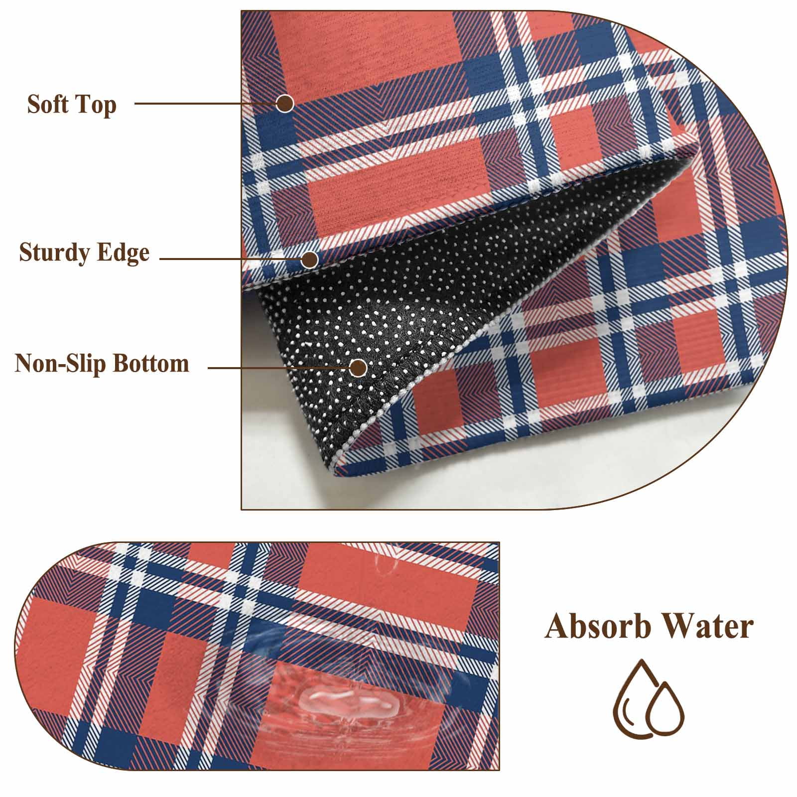 Orange Blue Bathroom Mats 2x3 FT, Non Slip Small Kitchen Mat, British Style Buffalo Plaid Lattice Washable Soft Backed Front Door Throw Rugs Non-Shedding Indoor Outdoor Doormat for Entryway Sink