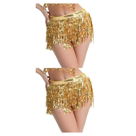 Qarigey de danza del vientre con lentejuelas brillantes para mujer, faldas por encima de la rodilla para entrenamiento de fiesta, disfraz Oro 2piezas
