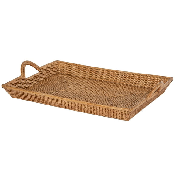 Kouboo Rattan Serving Tray with Handles for Breakfast, Decorative Tray for Storage, Rectangular Organizer Tray for Coffee Table, Honey Brown