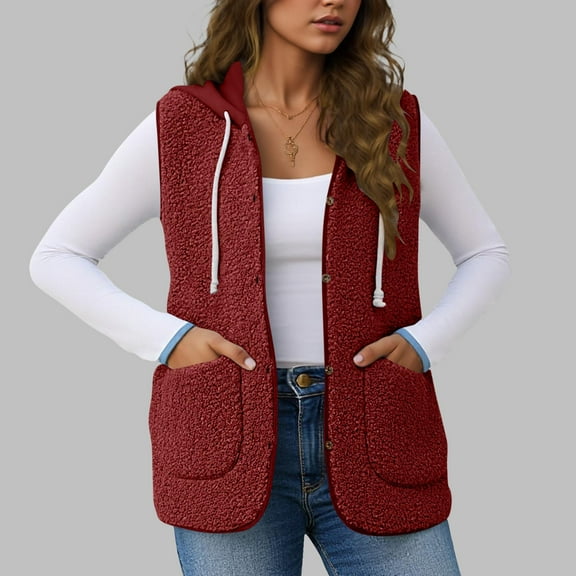 BXJX Women V Neck Fleece Vest- Button Down Casual Open Front Sleeveless Winter Warm Cozy Outerwear with Pockets Wine Size M