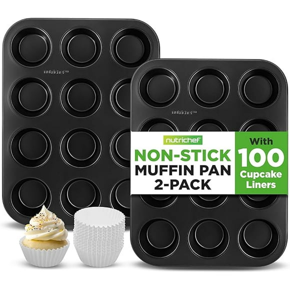 NutriChef Muffin Pans for Baking 2-Pack | Nonstick 12 Mold Cupcake Tins | Carbon Steel Stackable Cup Cake Trays | Dishwasher & Oven Safe | Includes 100 Parchment Paper Liners | 13 x 10 x 1 | Black