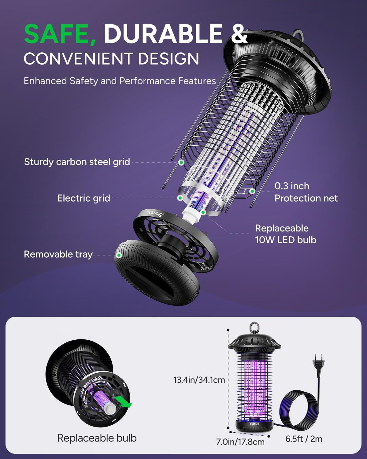 Buzbug LED Bug Zapper Indoor Outdoor, Up to 50000 Hrs Lifespan Lamp, Energy Saving & Dual Band Attraction, 5.6 ft Power Cord, High Voltage Mosquito Fly Zapper Trap Killer -MO008C