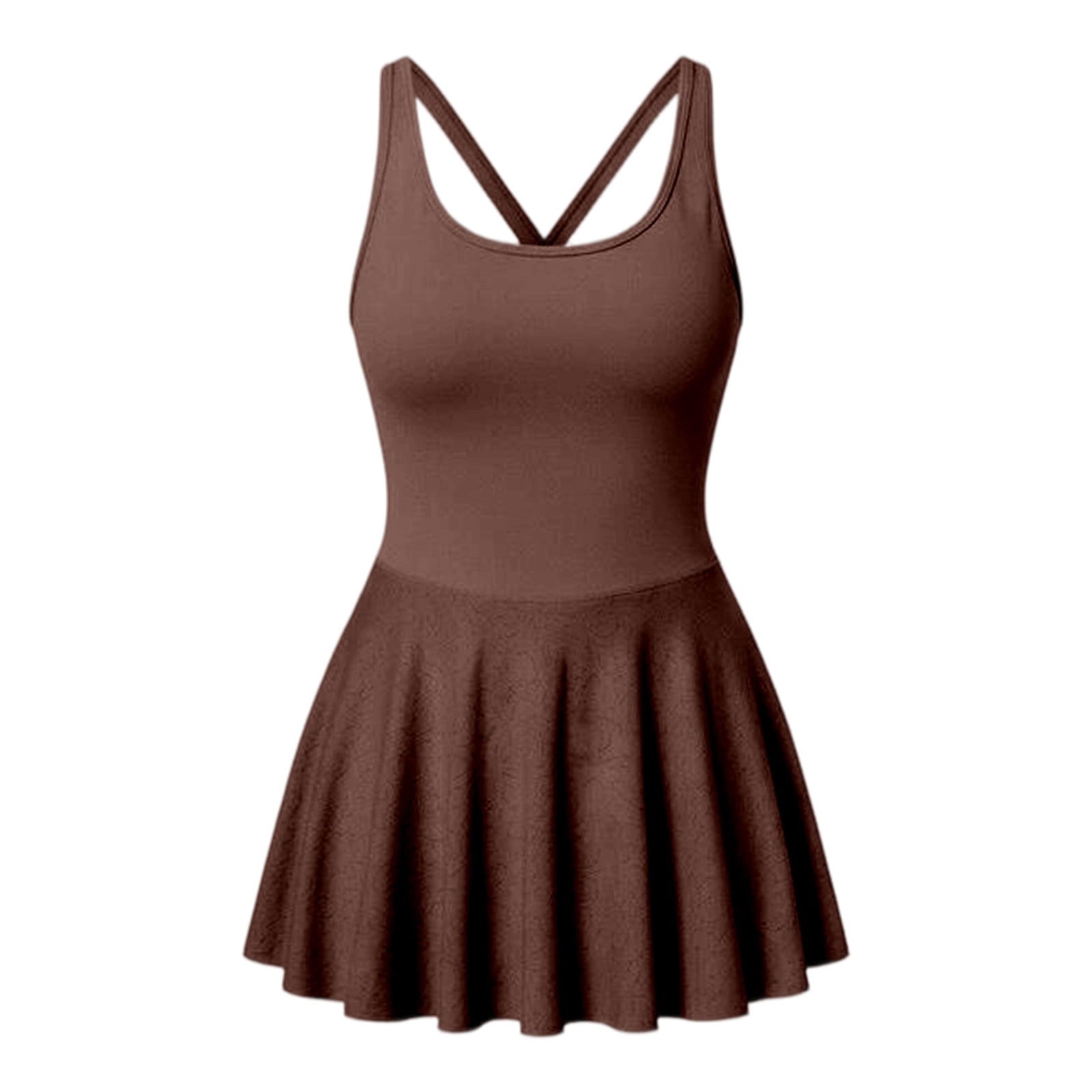 Arlun Women's Summer Athletic Tennis Dresses with Built in Shorts and Bra Square Neck Sleeveless Workout Exercise Casual Mini Dresses Solid Color Stretch Comfy Short Sundress Coffee S