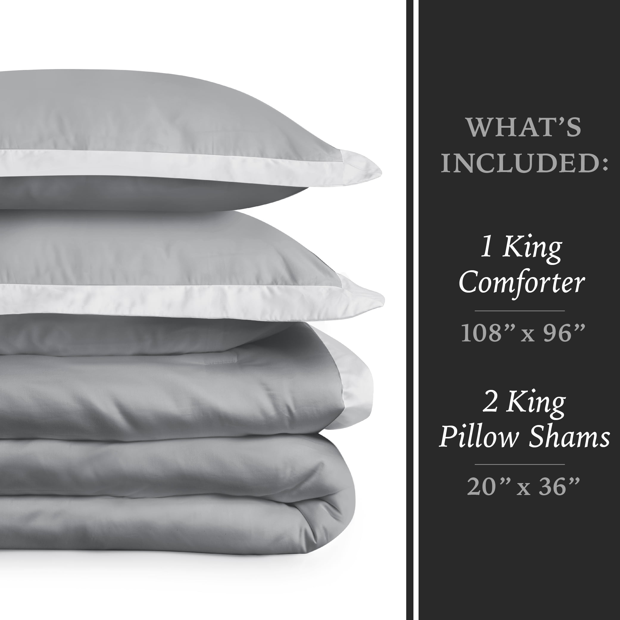 Hotel Style 3-Piece Grey/Silver Egyptian Cotton-Rich Blend Luxury Comforter Set, King