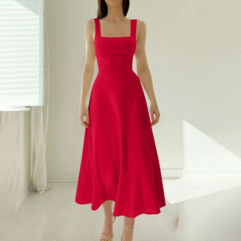 SKIYLEVZ Womens Summer Dresses Casual Ladies' Elegant Coarse Shoulder Strap Waist Strap Dress Fashion Beach Vacation Clothes Red (Size:XS-3XL),