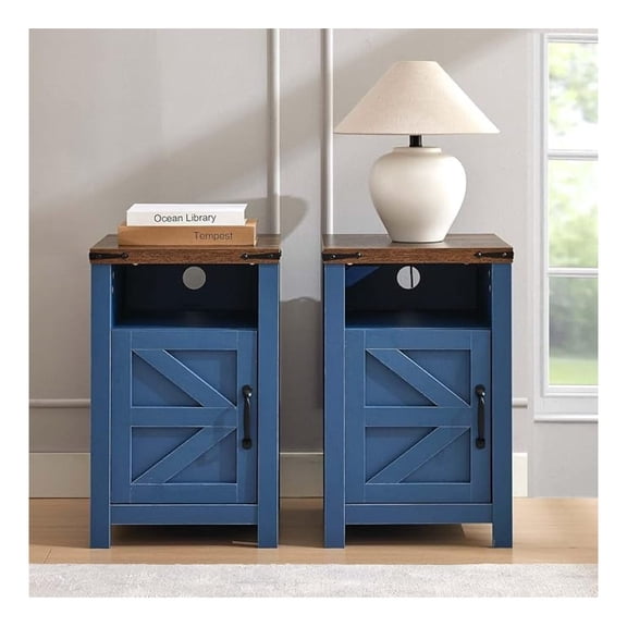 Blue Farmhouse Nightstand Set of 2, End Tables Set with Charging Station, Night Stand with Door and Storage Shelf, Sofa Side Table Living Room, Bedside Table for Bedroom