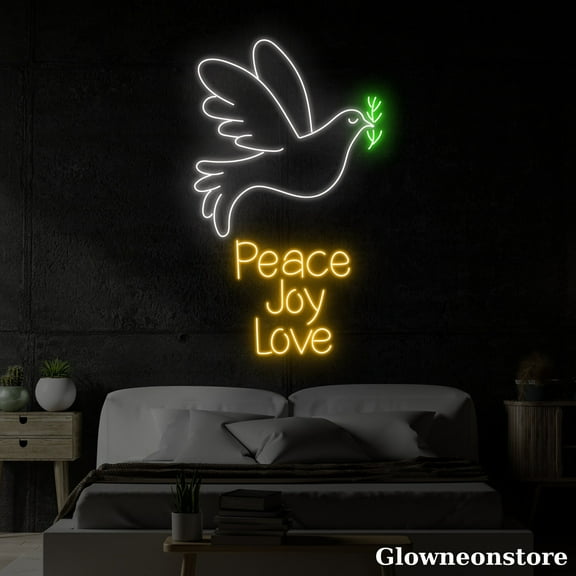 Glowneon Peace Joy Love Neon Sign, Peace Joy Love LED Sign, Dove Birds Neon Light, Peace On Earth