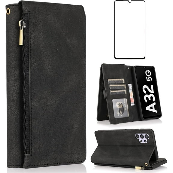 Compatible with Samsung Galaxy A32 5G 6.5 inch Wallet Case Tempered Glass Screen Protector Zipper Leather Flip Cover Card Holder Stand Cell Phone Cases for Glaxay A 32 32A S32 G5 A326U Women Men Black
