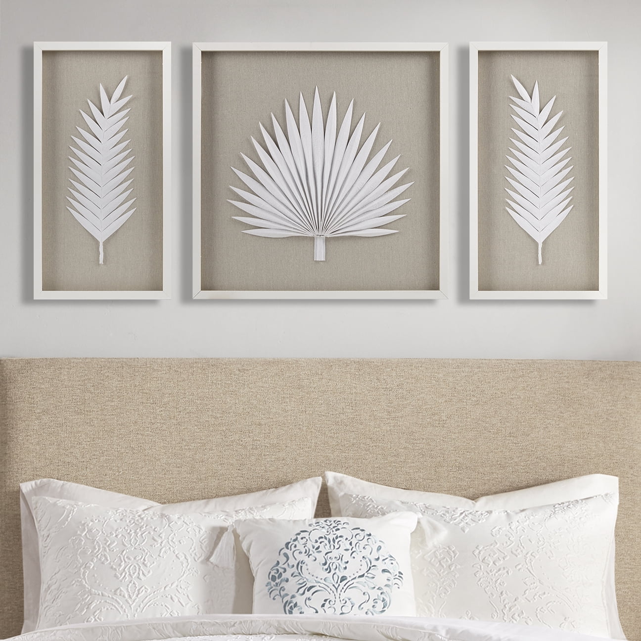 MAYEERTY Framed Rice Paper Palm Leaves 3-Piece Shadowbox Wall Decor Set