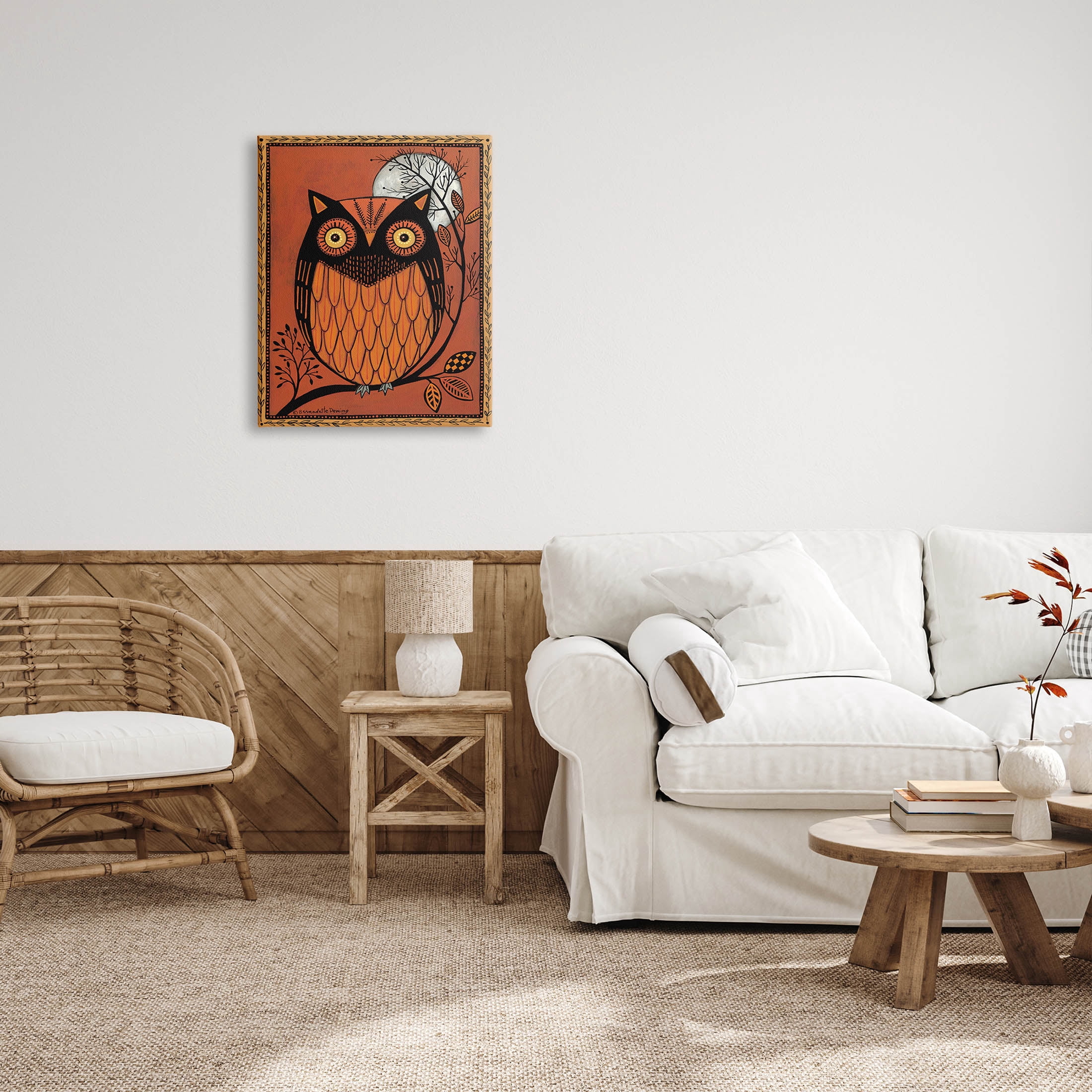 Round Owl Autumn Botanical Border Holiday Graphic Art Gallery Wrapped Canvas Print Wall Art