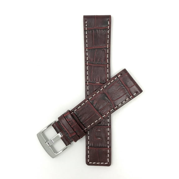 Bandini 22mm Mens Genuine Leather Watch Band Strap - Burgundy With White Stitch - Alligator Pattern - Square Edged