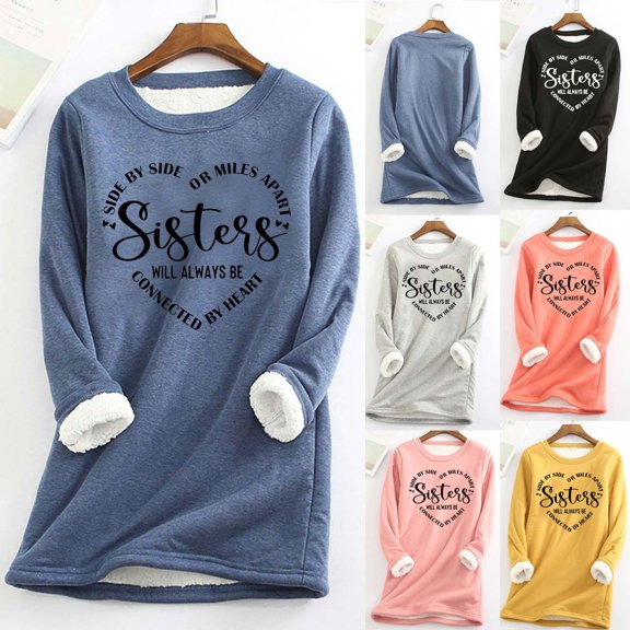 Feancey Fleece Lined Sweatshirt Women Plus Size Winter Thermal Tops Trendy Letter Print Crewneck Pullover Comfy Fuzzy Loungewear Pajamas Black L