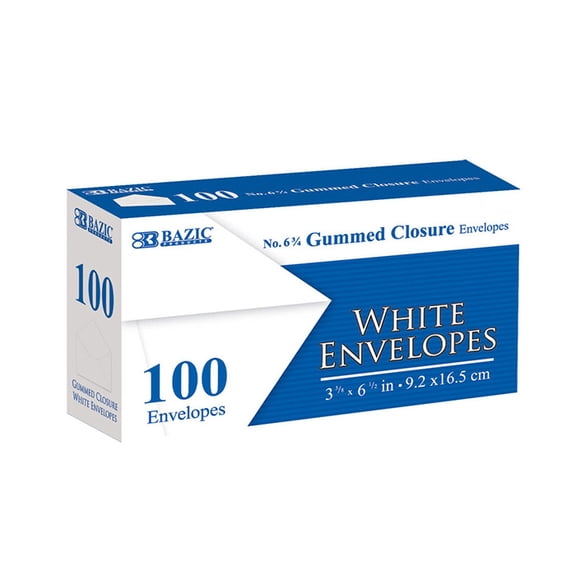 BAZIC White Envelope #6 3/4 Gummed Seal 3 5/8 x 6 1/2 Mailing Envelopes, 100-Count