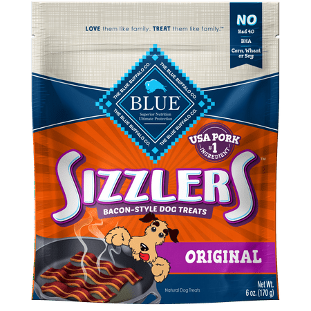 - Blue Buffalo Sizzlers Bacon-Style Original Pork Recipe Dog Treats, 6-oz bag