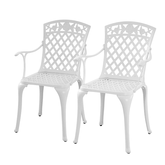 Withniture Set of 2 White Cast Aluminum Outdoor Dining Chairs, Heavy-Duty Weatherproof Patio Bistro Chairs with Armrest for Garden Porch Poolside