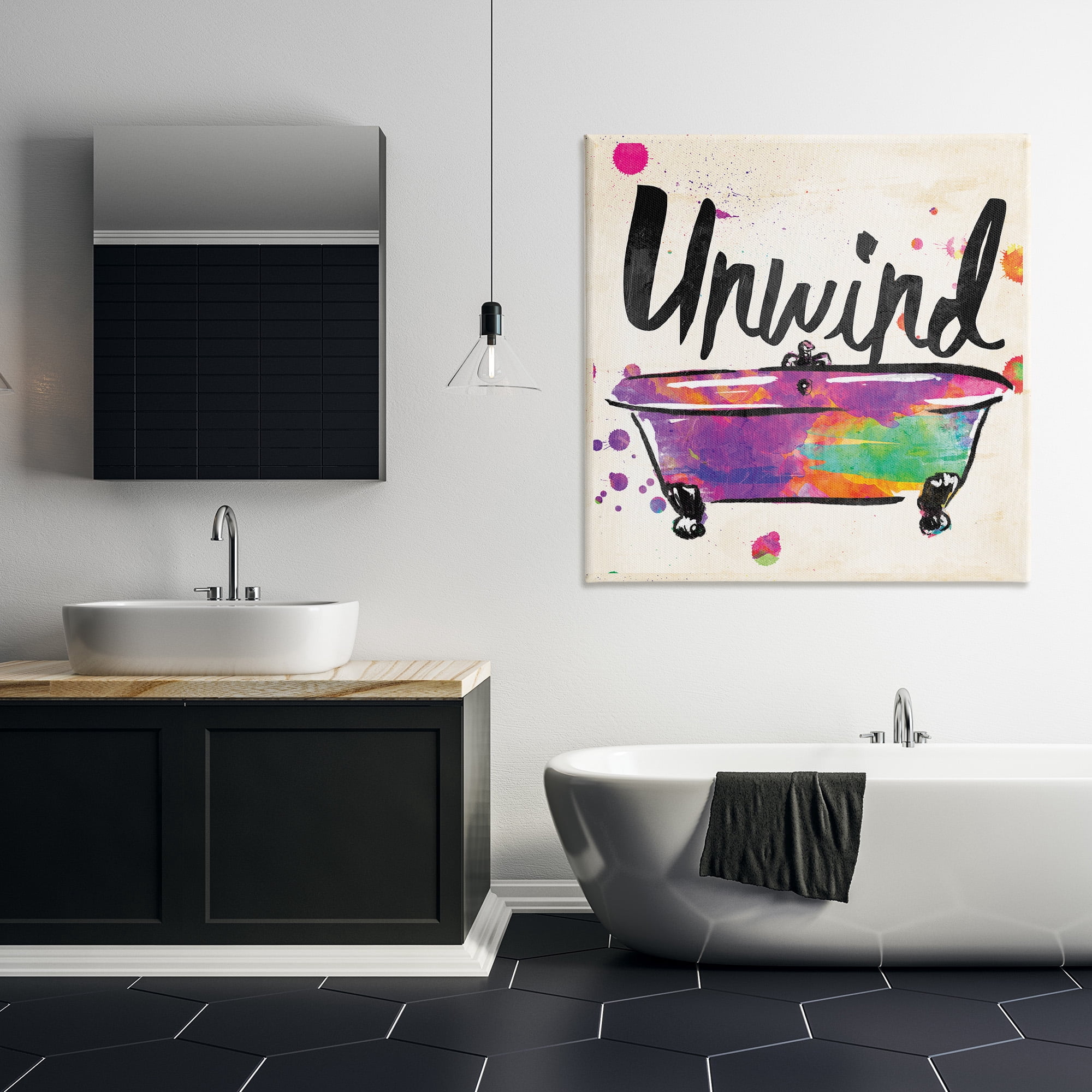 Stupell Industries Unwind Rainbow Colors Icon Bath Typography Painting Gallery Wrapped Canvas Art Print Wall Art, 36 x 36