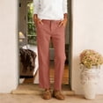 thumbnail image 4 of Nhthy Women's Summer Button Closure Linen Long Pants, Solid Straight Leg Full Length Casual Capri Trousers Orange M, 4 of 5