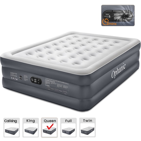 Ophanie Queen Air Mattress, 18-Inch Elevated Inflatable Bed with Built-in Pump, Puncture-Resistant Mattresses, Quick Inflation/Deflation, Portable for camping & Guests, Dark Gray