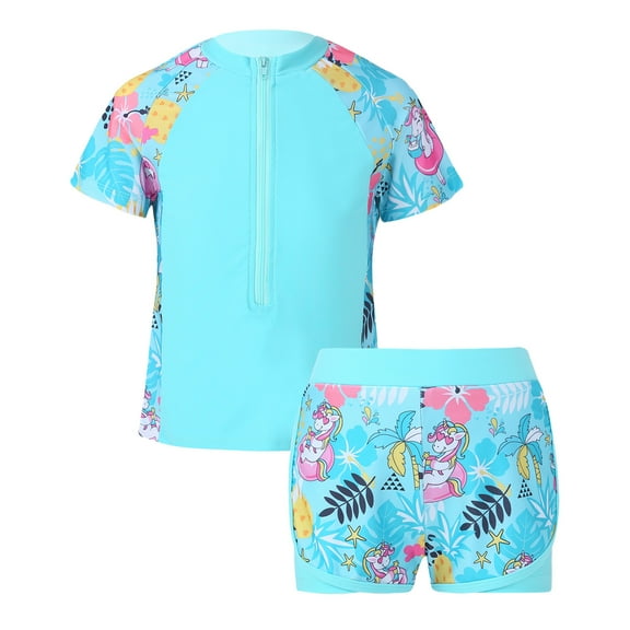 YONGHS Kids Girls 2pcs Tankini Bathing Suit Short Sleeve Rash Guard Beach Swimwear Swimsuit Blue Cartoon Horse 4