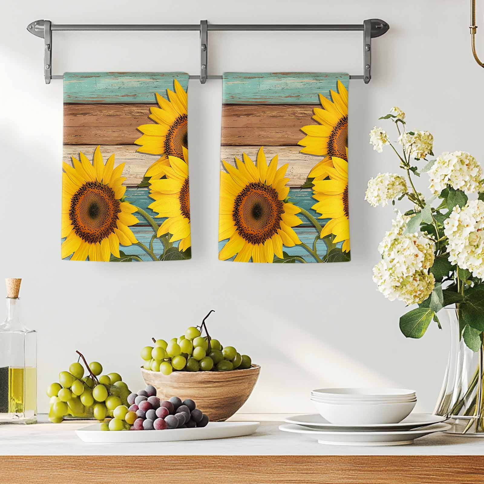 Dish Towels, Sunflower Absorbent Kitchen Towels 2 PCS, Farmhouse Floral Plant Teal Wood Grain Microfiber Hand Towels Dish Cloths Tea Towels for Home&nbsp;Bathroom Cleaning Drying,18X28-Inch,